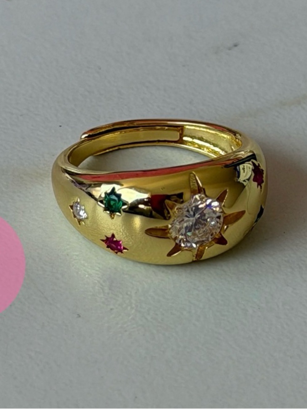 18k Gold Plated Dome Ring with Pink and Green Star CZ Accents.